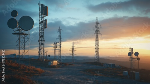 Communication Towers at Sunset with Scenic Mountain Landscape