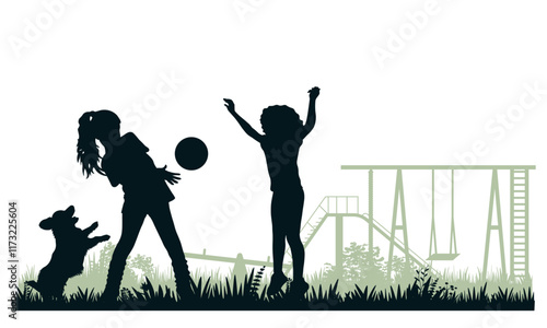 Children and pets silhouettes. Little boy and girl playing with pet on playground. Vector illustration.	
