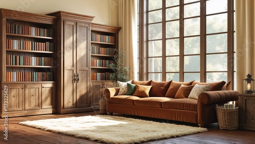 A Warmly Lit Living Room Interior Featuring Cozy Furnishings, Soft Lighting, Earthy Tones, and Inviting Décor, Creating a Comfortable and Relaxing Atmosphere