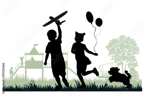 Children and pets silhouettes. Little boy and girl playing with pet on playground. Vector illustration.	
