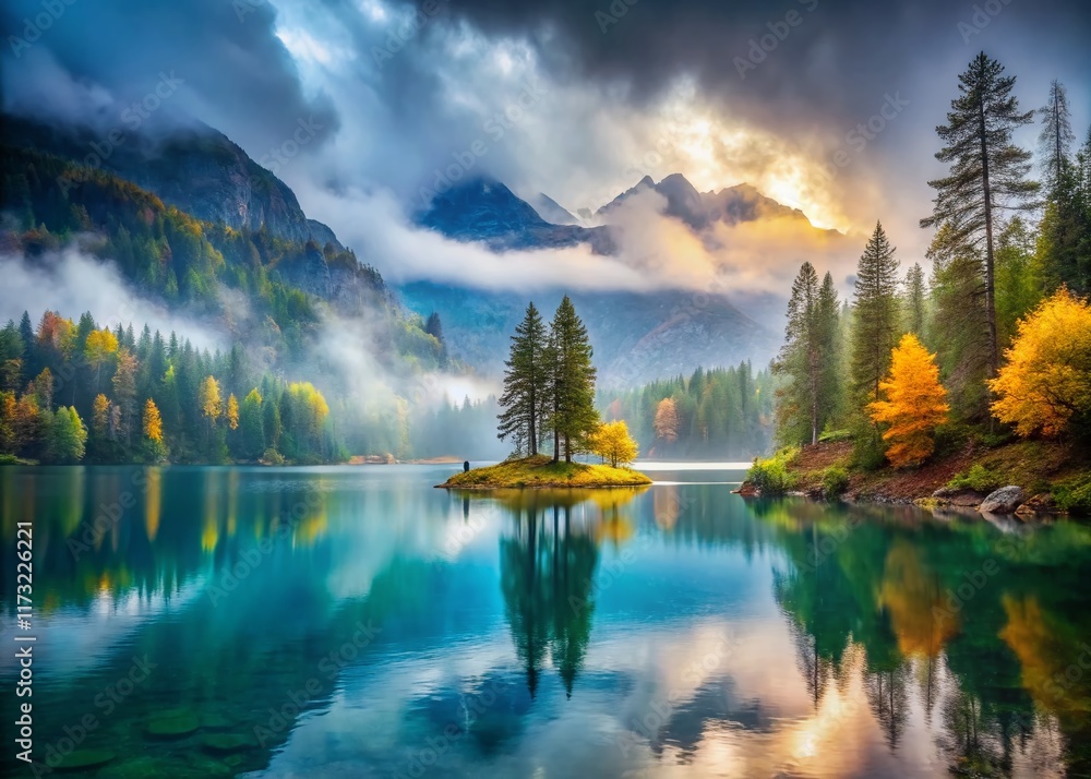 Fototapeta premium Enchanting Rainy Day on Lake Devero: Magical Atmosphere Stock Photo