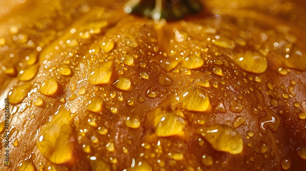 A close-up of a pumpkin with dewdrops glistening on i A close-up of a pumpkin with dewdrops glistening on i