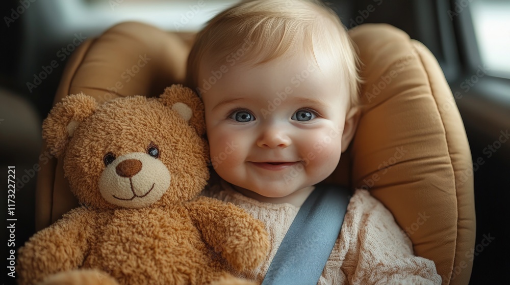Happy baby girl in car seat with teddy bear. Happy baby girl in car seat with teddy bear.