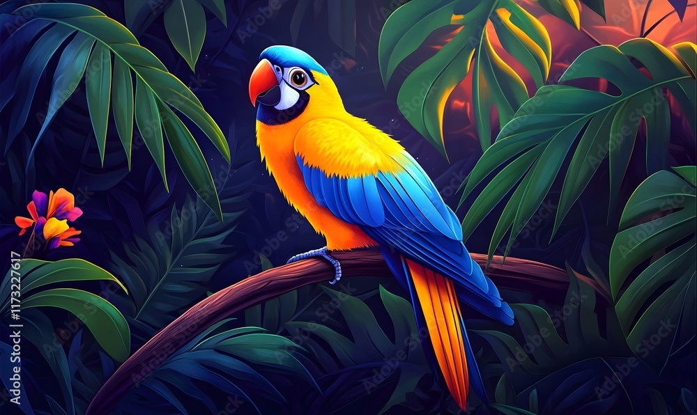 Obraz premium Colorful parrot perches on branch in dark tropical jungle.