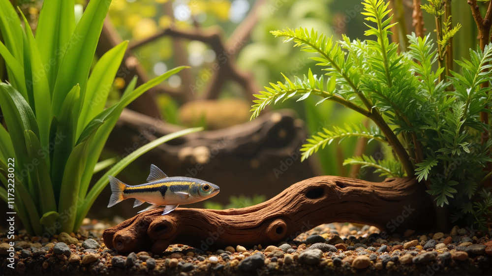Naklejka premium Planted aquarium with natural wood and fish
