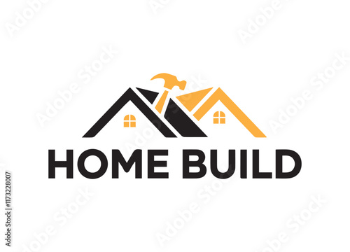 Modern "Home Build" logo with roof, hammer, bold typography, and tagline. Represents construction, craftsmanship, innovation, and professional home improvement branding