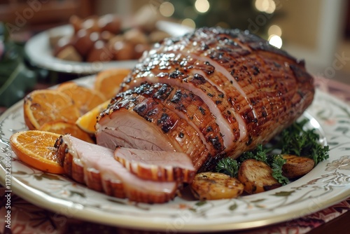 Deliciously cooked glazed ham with orange slices and vegetables prepared for a festive holiday dinner photo