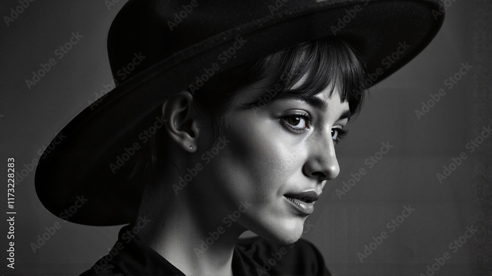 Black and white portrait of a woman in a hat Black and white portrait of a woman in a hat