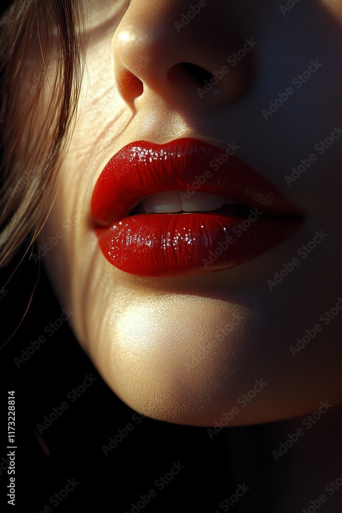 Obraz premium An exquisite close-up image highlighting shiny red lips, showcasing beauty and elegance. The interplay of shadows and light enhances the depth and allure of the lips.