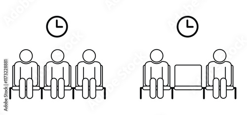 Cartoon waiting room icon. Doctor, office, patient waiting room with clock and chair. A waiting room or reception area is a room where people sit or stand for an appointment they are waiting for.