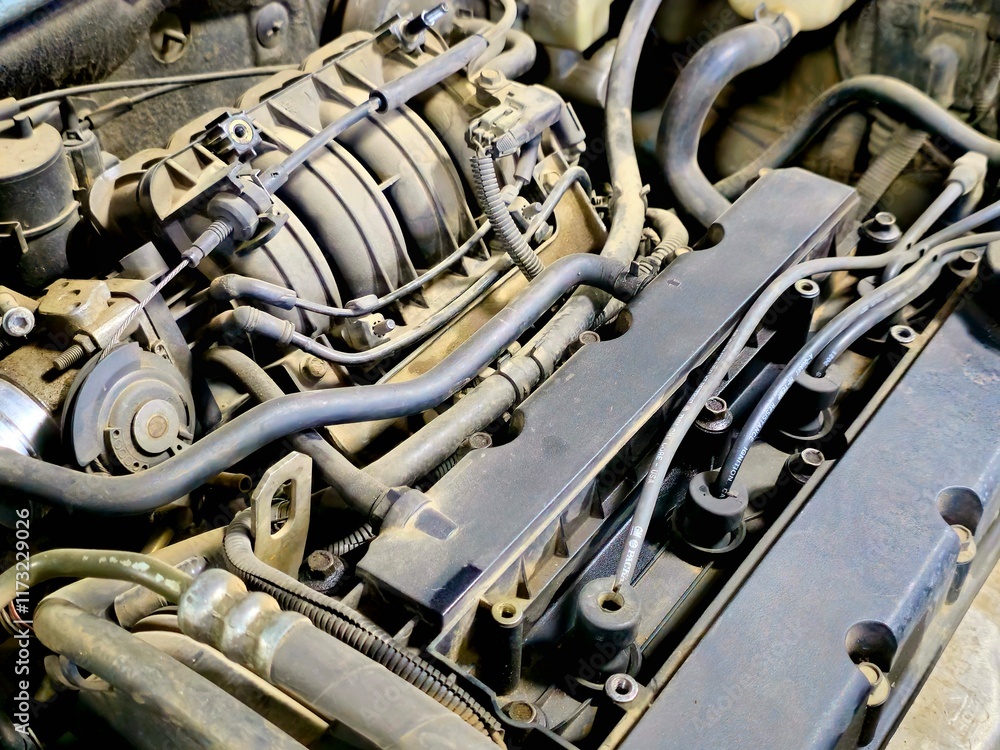 maintenance of a car, fixing and repairing of vehicle automotive parts, open car hood with car parts for auto service of the vehicle, selective focus maintenance of a car, fixing and repairing of vehicle automotive parts, open car hood with car parts for auto service of the vehicle, selective focus