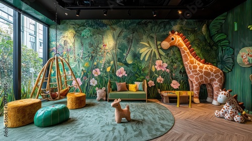 A jungle-themed childrena??s play space with green wall murals, animal-shaped furniture, and an indoor swing. photo