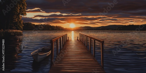 A breathtaking view of a dramatic sunset over a lake, highlighting a wooden dock and boats in the foreground, creating an atmosphere of calm and wonder.