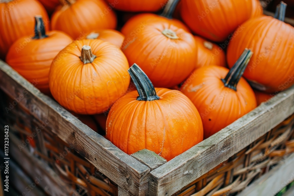 Harvested pumpkins in a wooden crate at a farm market during autumn season Harvested pumpkins in a wooden crate at a farm market during autumn season