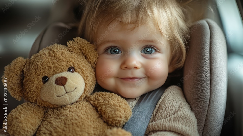 Happy toddler in car seat with teddy bear. Happy toddler in car seat with teddy bear.
