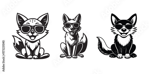 Cute Jackal sitting wearing sunglass illustration vector, Set of Joyful Jackal Clipart Art
