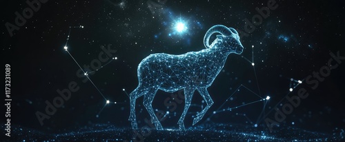 Photo of the Aries constellation with the ram symbol and stars on a dark background, 3D rendering. The zodiac sign is a twin, with a simple design and shapes. photo