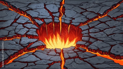 Volcano ground texture with lava in cracks and broken stones. Volcanic rocks with light effect in fissures and land surface breaks with hot magma, vector cartoon illustration