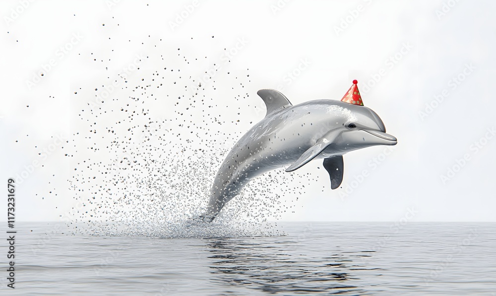 Fototapeta premium Dolphin leaps, wearing party hat, splashing water, against white background.