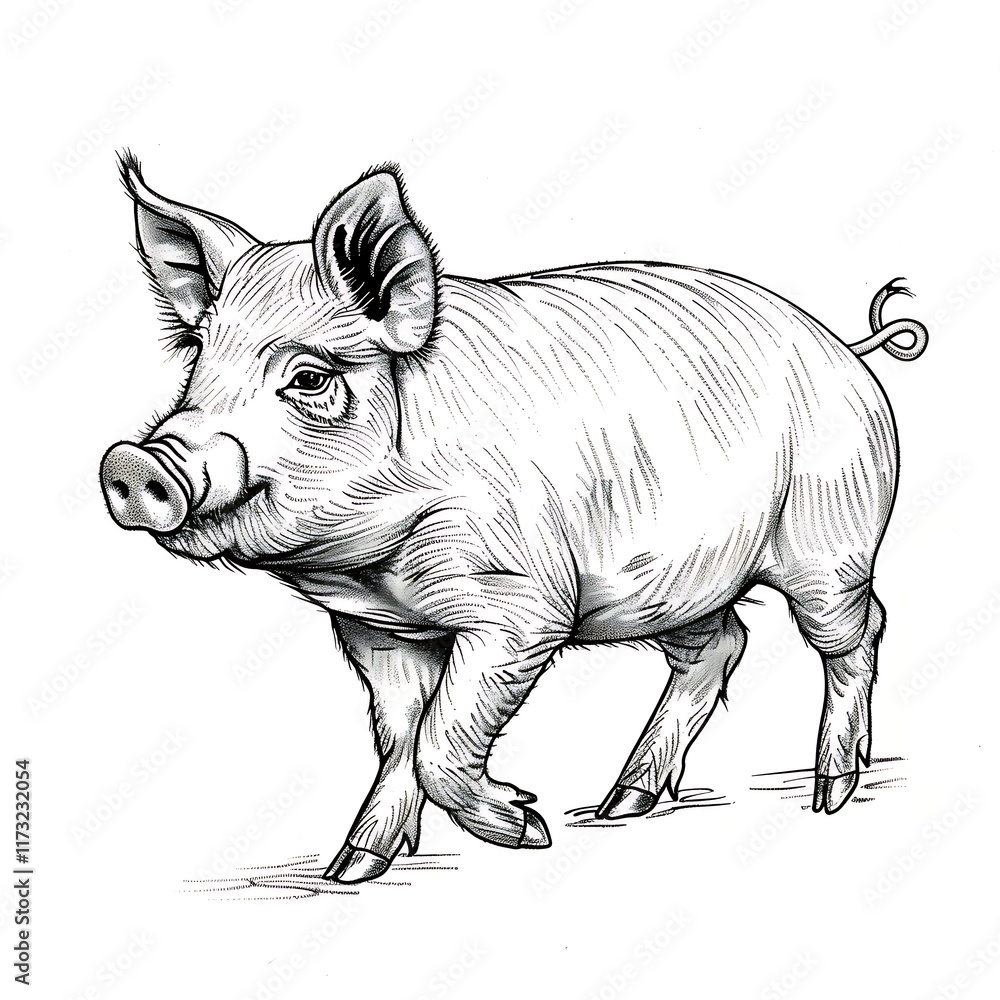 Fototapeta premium trotting pig outline with curly tail