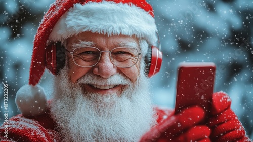 A cheerful Santa Claus in a festive red outfit and headphones joyfully takes a selfie, embodying the spirit of modern holiday celebrations in a snowy backdrop. photo