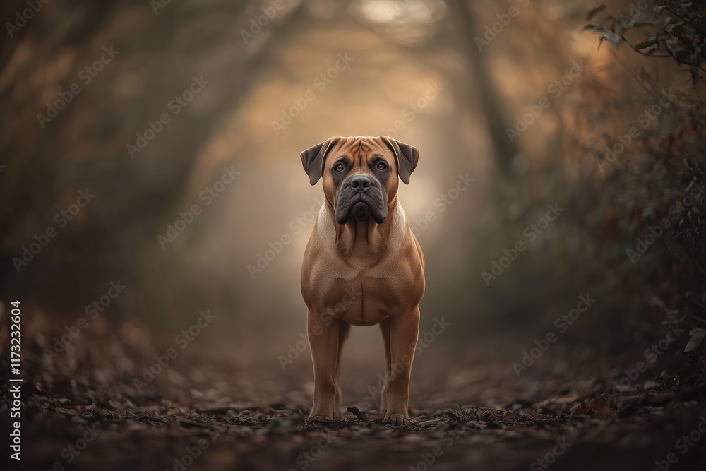 Mastiff dog standing on road against blurred background Mastiff dog standing on road against blurred background