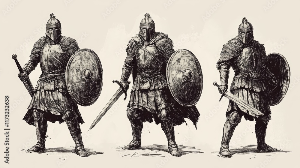 Three ancient warriors in armor with shields and swords, iconic helmets in a battle stance sketch engraving Three ancient warriors in armor with shields and swords, iconic helmets in a battle stance sketch engraving
