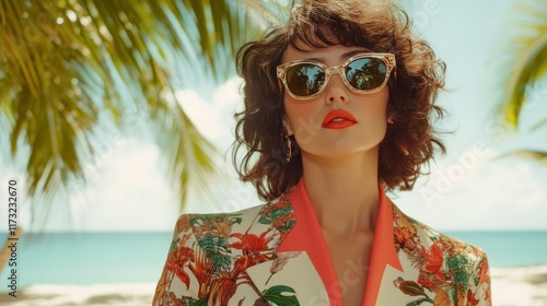 Stylish woman in a floral blazer by the beach. photo