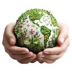 Hands holding a white globe covered with flowers and greenery on a transparent background clipart
