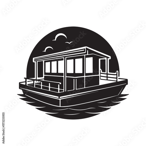pontoon silhouette, black and white silhouette, vector and illustration