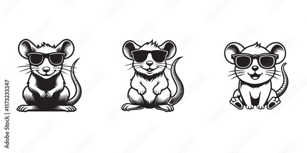 Fototapeta premium Cute Rat sitting wearing sunglass illustration vector, Set of Joyful Rat Clipart Art