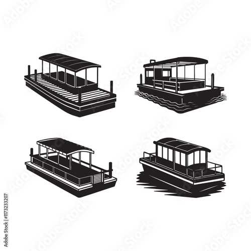 set of pontoon silhouette, black and white silhouette, vector and illustration