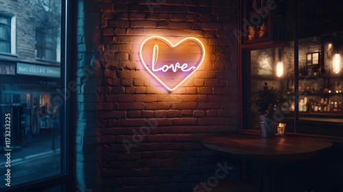 soft, glowing neon sign in shape of heart illuminates cozy cafe, creating warm and inviting atmosphere photo