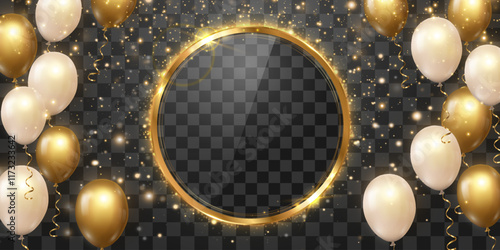 Vector golden luxury balloons and golden frame isolated on png background. Realistic festive 3d helium balloons with magical light dust. Vector illustration on transparent background