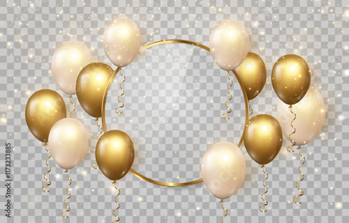  Vector golden luxury balloons and golden frame isolated on png background. Realistic festive 3d helium balloons with magical light dust. Vector illustration on transparent background