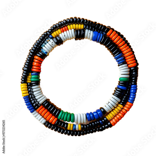 Flatlay african waist beads Variety of small beads threaded together Assortment of multicolor oriental chains on white background photo