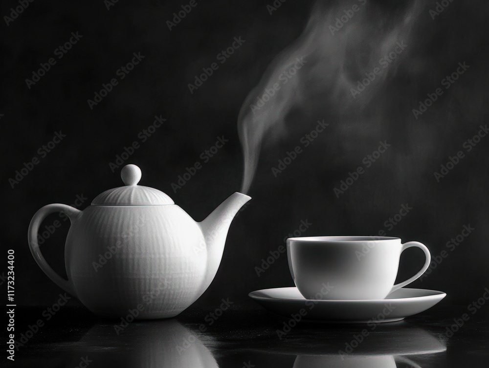 A monochrome tea setup with a white teapot and cup on a black matte surface, steam creating a soft gradient, emphasizing form and texture A monochrome tea setup with a white teapot and cup on a black matte surface, steam creating a soft gradient, emphasizing form and texture