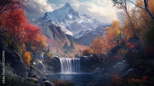 Autumn Mountain Waterfall Landscape photo