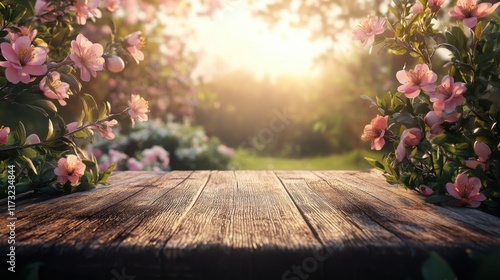 A weathered wooden table with an Easter spring vibe, surrounded by blurred pastel flowers, green foliage, and warm sunlight in the background