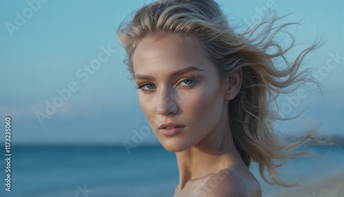 Model poses gracefully by the beach with wind-swept hair during golden hour, capturing a serene moment near the water's edge photo