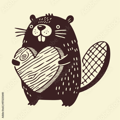 beaver with a wooden heart, cute valentines day character illustration