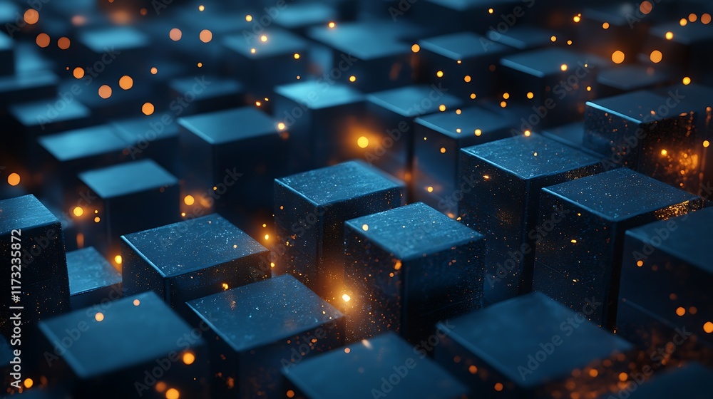 Fototapeta premium Glowing data cubes, digital network, abstract background, technology concept.