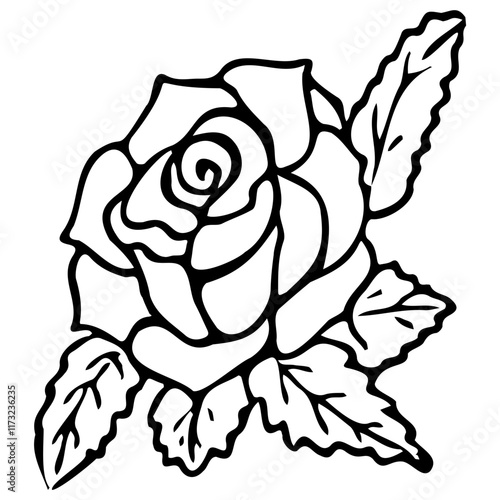 Rose with leaves line art