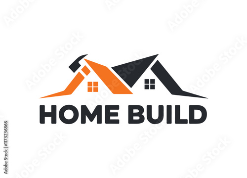 Modern "Home Build" logo with roof, hammer, bold typography, and tagline. Represents construction, craftsmanship, innovation, and professional home improvement branding