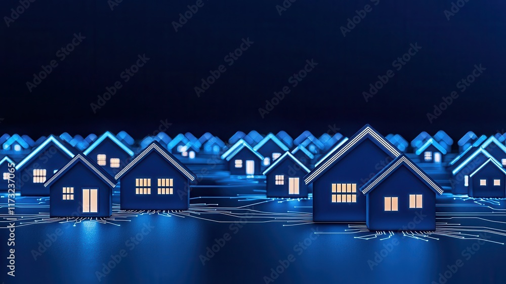 A digital representation of illuminated blue houses, creating a futuristic neighborhood scene against a dark background. A digital representation of illuminated blue houses, creating a futuristic neighborhood scene against a dark background.