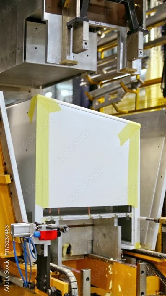 Automated plant indoors. Robotic equipment inside the modern factory background. Innovative technologies at manufacture. Vertical video