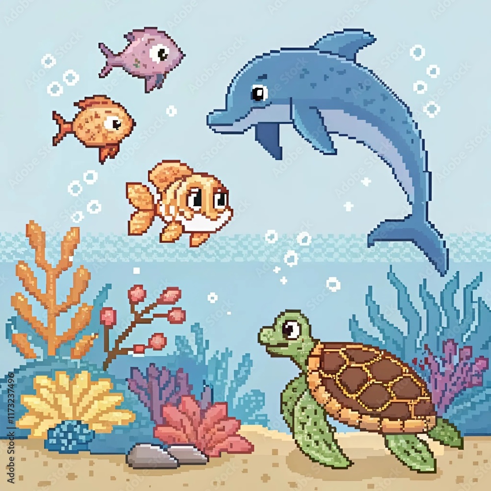 Obraz premium Cross stitch pattern featuring a crab, fish, and various sea life animals in vibrant colors.