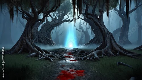 Mysterious Forest with Twisted Trees, Red Trail on the Ground, and a Glowing Blue Light in a Foggy Atmosphere

 photo