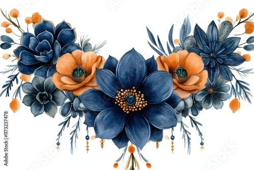 Watercolor painting of a floral arrangement with navy blue and burnt orange flowers and succulents.
