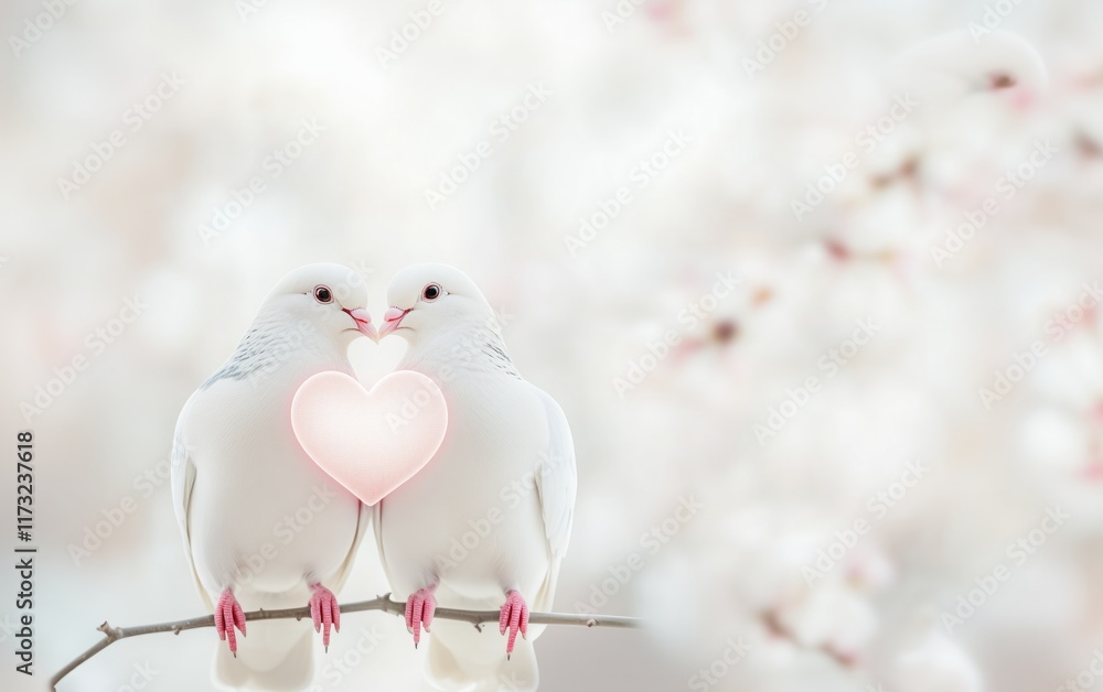 Two romantic white doves holding a pink heart, blurred background of spring blooming cherry blossoms branch. Copy space. Two romantic white doves holding a pink heart, blurred background of spring blooming cherry blossoms branch. Copy space.